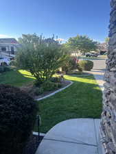 View of green lawn featuring a residential view