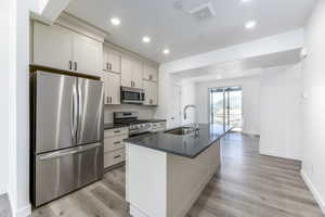 A stylish, contemporary kitchen featuring a generous island, perfect for hosting and socializing with family and friends. The open-concept layout effortlessly transitions into the living space, making it an ideal setting for both dinner parties and casual