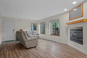 Living room featuring wood finished floors and recessed lighting
