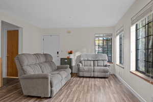 Living area with wood finished floors