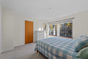 Bedroom with light carpet and baseboards