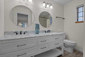 Bathroom featuring plenty of natural light, double vanity, wood finish floors, and a shower with shower curtain