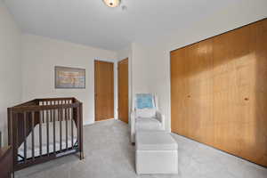 Carpeted bedroom featuring a closet and a nursery area