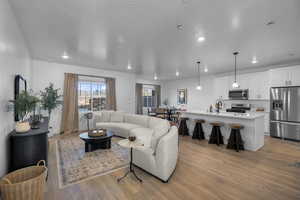 Living room featuring light wood-style flooring and recessed lighting
