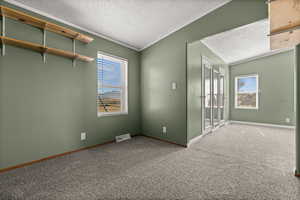 Carpeted spare room with a textured ceiling and ornamental molding