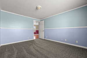 Carpeted spare room featuring ornamental molding and a textured ceiling