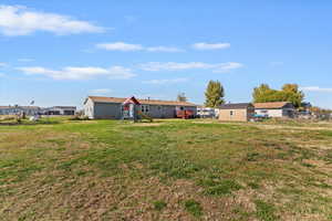 View of green lawn with a playground and a residential view