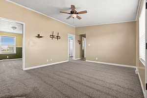 Unfurnished room featuring ornamental molding, a textured ceiling, carpet flooring, and a ceiling fan
