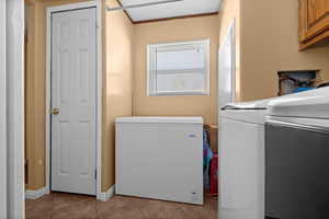 Laundry room featuring washer and dryer and tile patterned flooring