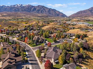 Aerial perspective of suburban area featuring mountains