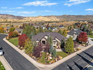 Aerial view of residential area with a mountain backdrop