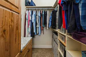 Spacious closet with dark carpet