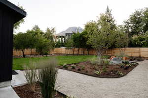 Fenced backyard with a mountain view