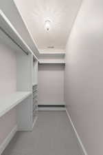 Walk in closet featuring light colored carpet