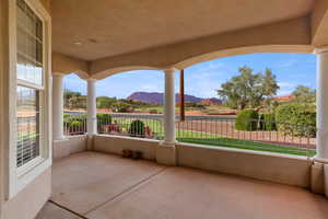 View of patio featuring a mountain view