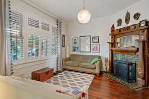 Living area featuring crown molding, dark wood-style floors, and a fireplace
