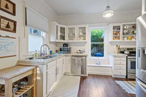 Kitchen featuring white cabinetry, stainless steel appliances, glass insert cabinets, dark wood-style flooring, and backsplash