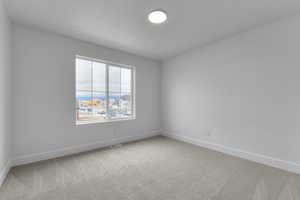 Empty room featuring light colored carpet and a residential view