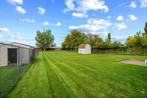 Fenced backyard with a storage unit