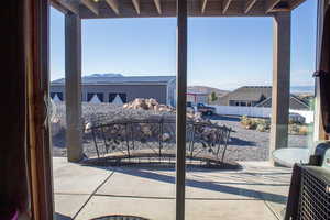View of patio with a mountain view