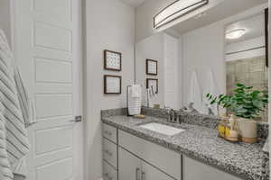 Full bathroom featuring vanity and tiled shower