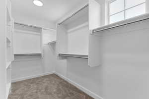 Walk in closet with light colored carpet