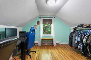 Home office with light wood-style floors, vaulted ceiling, a textured ceiling, and a baseboard radiator