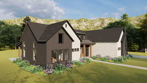 Modern inspired farmhouse featuring stone siding, a front lawn, a mountain view, and roof with shingles