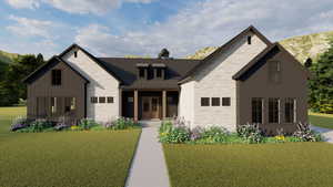 View of front of house with stone siding, a front lawn, and a porch