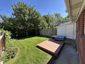 Fenced backyard featuring a wooden deck