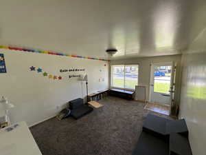 Carpeted living room with baseboards