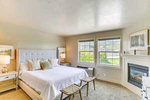Bedroom with light colored carpet, a textured ceiling, a glass covered fireplace, and an AC wall unit
