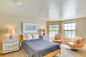 Bedroom with a textured ceiling, carpet flooring, and a baseboard heating unit
