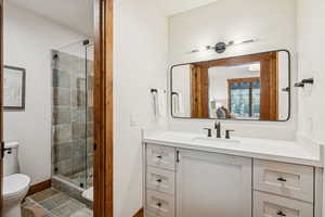Bathroom featuring vanity, a shower stall, and ensuite bathroom