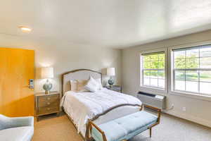 Carpeted bedroom with a textured ceiling and a wall mounted AC