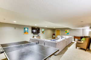 Playroom featuring a textured ceiling, carpet floors, and recessed lighting