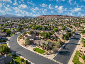 Aerial perspective of suburban area featuring mountains