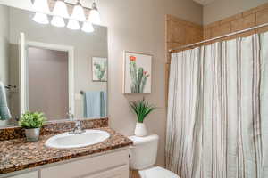Bathroom featuring vanity, a textured wall, and a shower with curtain