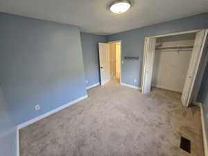 Unfurnished bedroom featuring carpet flooring, a closet, and a textured ceiling