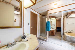 Full bathroom featuring a shower stall, vanity, a bath, and carpet floors