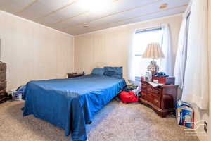 Bedroom featuring carpet floors and crown molding