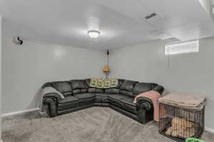 Carpeted living room featuring baseboards and a textured ceiling