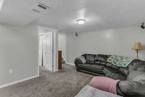 Living room featuring carpet and a textured ceiling