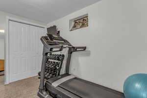 Exercise area with light carpet and a textured ceiling