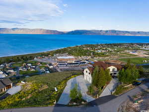 Aerial view of residential area with a water and mountain view