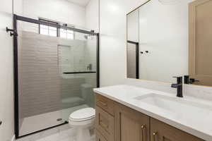 Full bath with vanity and a shower stall