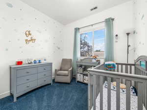 Bedroom with carpet flooring and a crib
