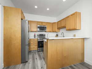 Kitchen with light countertops, stainless steel appliances, a peninsula, recessed lighting, and light wood-type flooring