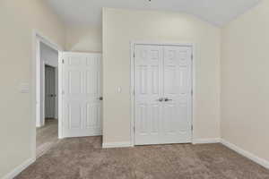 Unfurnished bedroom featuring carpet flooring and a closet