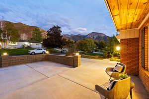 View of patio featuring a mountain view